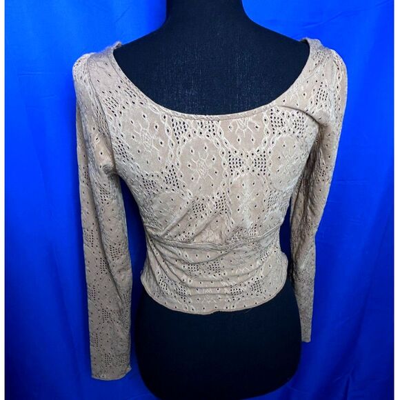 Womens Tan Milkmaid Long Sleeve Crop Top Sz S Cottagecore Peasant Ren Faire Boho - Picture 3 of 9